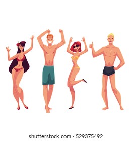 Young people dancing on the beach in swimming suits and shorts, cartoon style vector illustrations isolated on white background. Young men and women, boys and girls dancing at a beach party