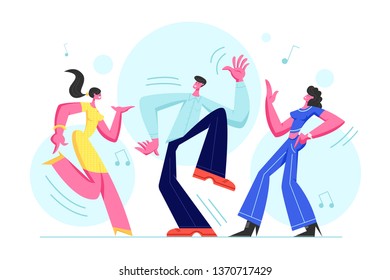 Young People Dancing on Disco Party. Man and Women in Fashioned Clothing Celebrating Holiday, Spending Time Together Moving to Music Rhythm Happy Leisure and Sparetime Cartoon Flat Vector Illustration