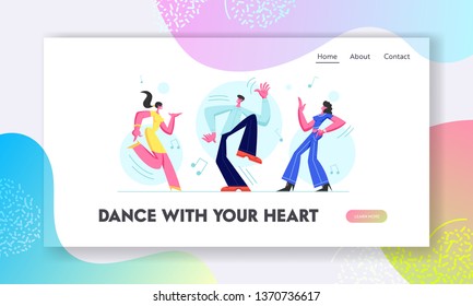 Young People Dancing on Disco Party. Man and Girls Spending Time Together Moving to Music Rhythm, Happy Leisure and Sparetime. Website Landing Page, Web Page. Cartoon Flat Vector Illustration, Banner