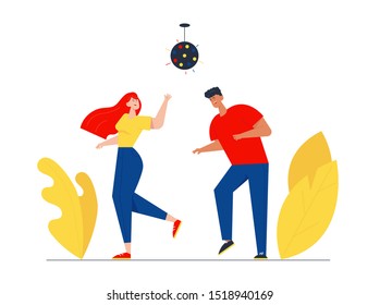 Young People Dancing on Disco Party. Man and Woman in Fashioned Clothing Celebrating Holiday, Spending Time Together Moving to Music Rhythm Happy Leisure and Sparetime. Flat Vector Illustration