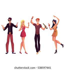 Young people dancing at a party, drinking cocktails, having fun, cartoon vector illustration isolated on white background. Men and women dancing at a nightclub, having party, drinking cocktails