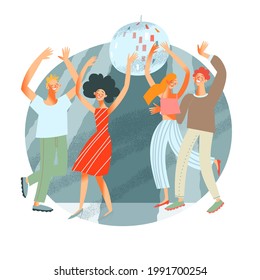 Young people dancing at party. Happy men and women moving on floor with music in apartment at home vector illustration. Couples having fun at night on dark background with ball.