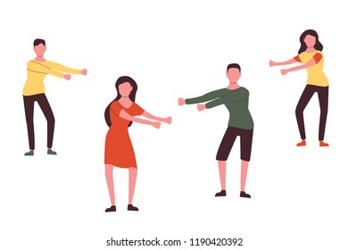 Young people dancing popular floss dance. Stock vector illustration of human figures in a dancing pose swinging arms. Flat style