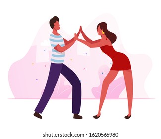 Young People Dancing Samba on Brazil Dance Disco Party or Rio Carnival. Man and Woman in Fashioned Clothing Moving to Music Rhythm. Happy Leisure and Hobby Sparetime. Cartoon Flat Vector Illustration