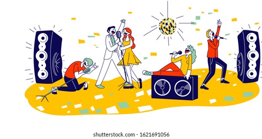 Young People Dancing and Singing in Karaoke Club Concept. Male and Female Characters Sing with Microphones and Dynamics on Stage. Holidays and Recreation Time. Flat Vector Illustration Line Art