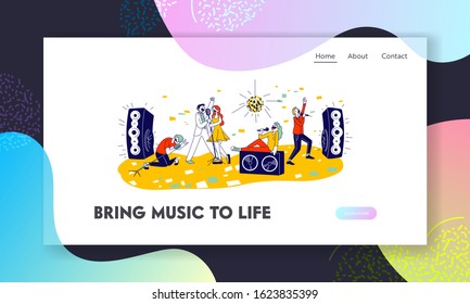 Young People Dancing and Singing in Karaoke Club Website Landing Page. Characters Sing with Microphones and Dynamics on Stage. Recreation Web Page Banner. Cartoon Flat Vector Illustration, Line Art