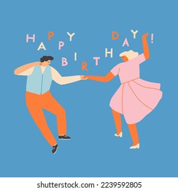 Young people dancing swing dance illustration in vector. Birthday card with happy cartoon characters with text quote happy birthday.