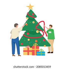 Young people decorate the New Year tree, cheerfully and energetically, beautiful toys and gifts on the Christmas tree. Vector graphics isolated icons on white background. 