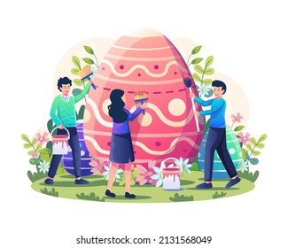 Young people are decorating and painting a giant easter egg. Happy Easter day celebration. Flat style vector illustration