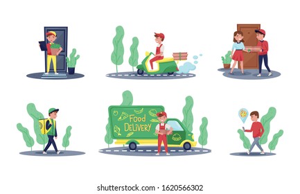 Young People Deliver Orders to Clients by Car and by Foot Vector Illustrations Set