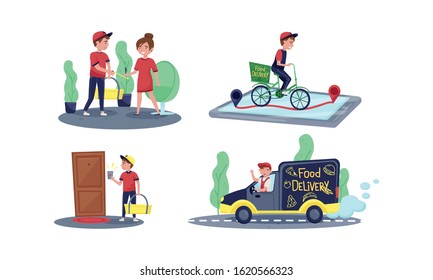 Young People Deliver Orders to Clients Vector Illustrations Set