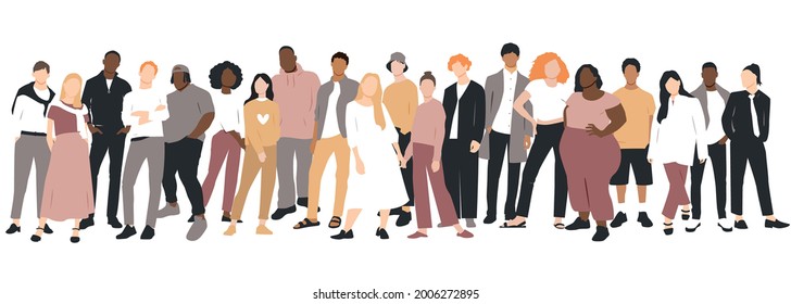 Young people of different ethnicities stand side by side together. Flat vector illustration.