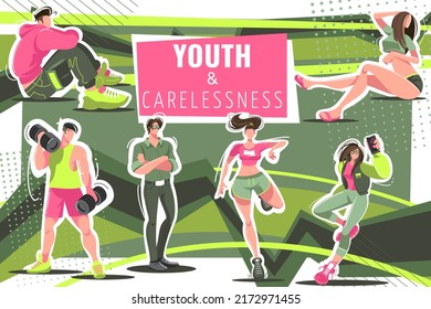 Young People Of Different Genders in Imposing Poses against A Beautiful Colored Background. A Set of Characters in Imposing Poses. Modern Teenagers in the Style of Flat. Soft Cartoon Illustration.