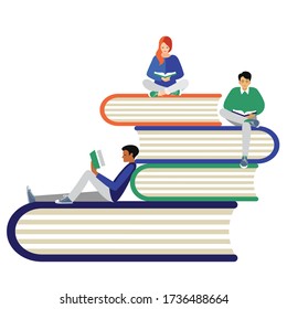 young people of different nationalities, men and women, read books. they are sitting in different positions on a large stack of books. a drawing in the style of the cartoon. stock vector. EPS 10.
