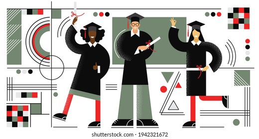 young people of different nationalities and skin color passed the exam and received diplomas. abstract geometric illustration in retro style with textures. concept on the topic of education. EPS 10.