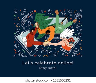 Young people of different races celebrate Christmas and New year online. Friends meeting via internet using phone, tablet, desktop; celebrating holidays together, drinking champagne, exchanging gifts