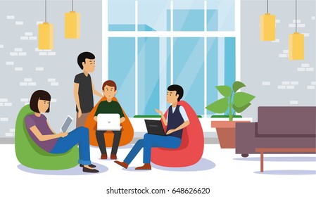 Young people discussing and working with laptop and tablet sitting at colorful bean bags. Casual Corporate Couch Sitting Conceptual illustration vector.
