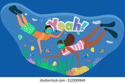 Young people in diving masks watching marine fauna during swimming in sea or ocean. Snorkelers observing coral reef, underwater, undersea landscape. Happy man and woman snorkeling and screaming yeah