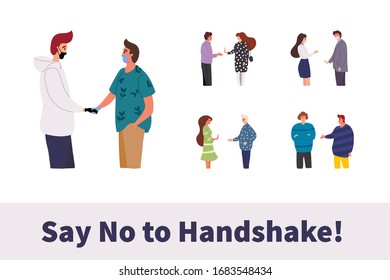 Los jóvenes no se dan la mano. No contacto. Precauciones y prevención de la enfermedad del coronavirus. Advertencia, infección peligrosa en las manos. Dibujo vectorial colorido de dibujos planos.