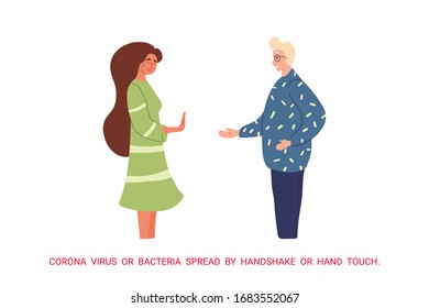 Young people do not handshake with each other. Not contact. Precautions and prevention of coronavirus disease. Warning, dangerous infection on hands. Flat cartoon colorful vector illustration.