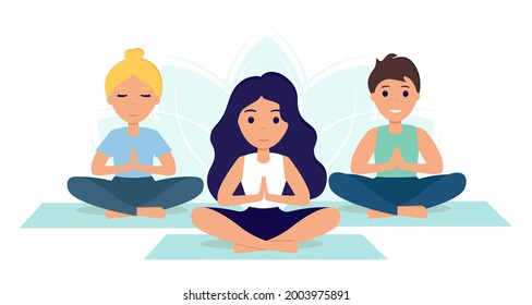 Young people do yoga, practice meditation. Yoga class. Women and men exercise to maintain an active healthy lifestyle. Yoga practice. Vector illustration in flat style for fitness concept.