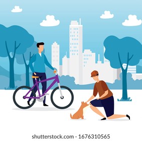 young people doing activities in cityscape vector illustration design