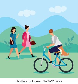 young people doing activities in landscape vector illustration design