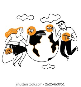 Young people are doing activities to save the world. Hand drawn vector illustration.