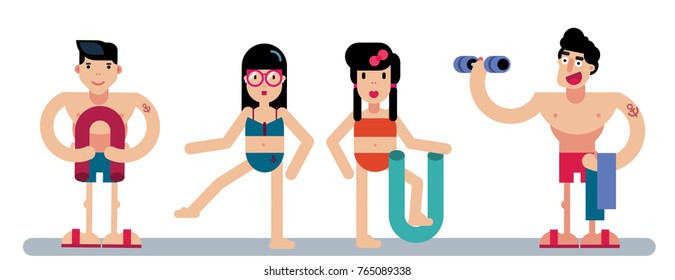 Young people doing aqua fitness with swim noodles, barbells. Happy healthy people taking fitness classes in aqua aerobics. Healthy teenagers holding swim noodles, barbells, towel doing aqua gym.