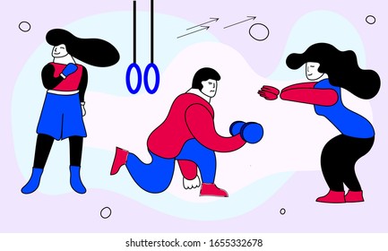 Young people doing exercises, physical activity vector illustration, man and woman training in gym, athletics, fitness and workout concept