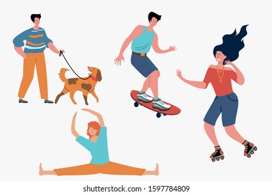 Young people doing fitness set. Walking, stretching, skateboard, roller skating flat vector illustration. Fitness and active lifestyle concept for banner, website design or landing web page