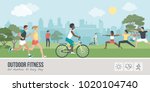 Young people doing physical activity outdoors at the park, they are running, cycling and practicing yoga; healthy lifestyle and fitness concept