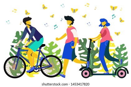 Young people doing physical activity outdoors at the park, they are running,riding bicycles,scooter healthy lifestyle and fitness concept.isolated on background.Colorful vector in flat cartoon style.