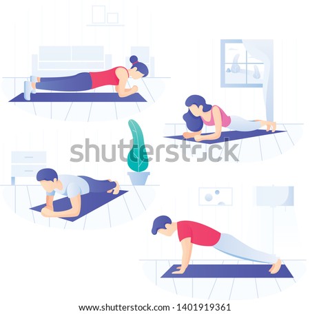 Young people doing plank core workout, working on abdominal muscles