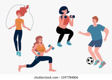 Young people doing sport activities set. Jumping, weight lifting, soccer flat vector illustration. Fitness and active lifestyle concept for banner, website design or landing web page