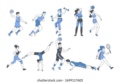 Young people doing sport activities fitness workout or playing sport games. Happy men and women in sport suits with sport equipment training and exercising vector cartoon outline illustration.