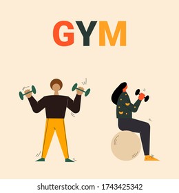Young people doing sports, girl and boy sports activities, fitness people, healthy lifestyle concept vector illustration, african man doing workouts, young woman working out, cardio and stretching 