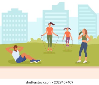 Jóvenes haciendo deportes al aire libre. Concepto de estilo de vida sano y activo. Fomento de la confianza en los deportes y los entrenamientos. Actividad física regular. Ilustración plana del vector