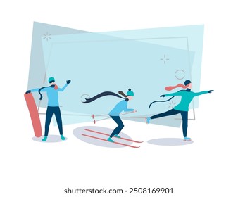 Young people doing sports vector illustration. Women skiing, skating and snowboarding. Winter activity concept. Can be used for topics like winter, sport, hobby