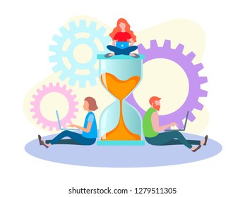 The young people are doing urgent work. Students prepare for exams. The concept of achieving results over time. Vector illustration for social media, banners, posters.