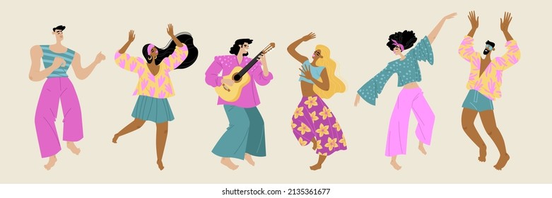 Young people dressed as hippies dance and play the guitar. Cartoon illustration of party in retro style.