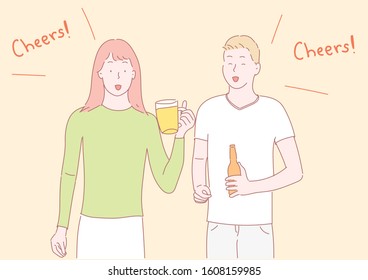 Young people drink beer.hand drawn style vector design illustrations.