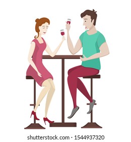 Young people drink wine. Romantic date. Spend your free time in the bar, pub or cafe. Vector illustration.