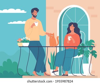 Young people drinking morning coffee on their open balcony. Stay at home vector illustration 