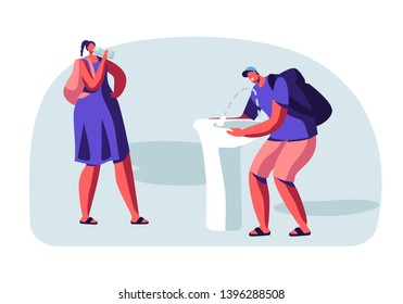 Young People Drinking Water on Street in Hot Summer. Male and female Tourists Characters with Backpacks Refreshing Outdoors with Cold Aqua in Bottle and Washing Face. Cartoon Flat Vector Illustration