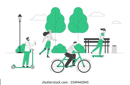 Young People Driving Different Ecological Transport as Scooter Bike Skateboard and Rollers Spend Active Leisure in Park. Eco Transportation in Human Life. Flat Vector Illustration, Line Art