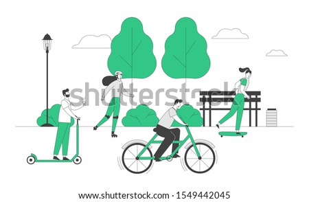 Young People Driving Different Ecological Transport as Scooter Bike Skateboard and Rollers Spend Active Leisure in Park. Eco Transportation in Human Life. Flat Vector Illustration, Line Art