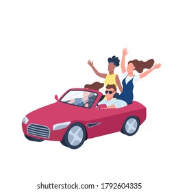 Young people driving red convertible car flat color vector faceless character. Man in car surrounded by women. Hanging out. Isolated cartoon illustration for web graphic design and animation