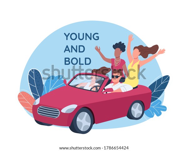 Young\
people driving red convertible car 2D vector web banner, poster.\
Young and bold phrase. Flat characters on cartoon background. Rich\
lifestyle printable patch, colorful web\
element