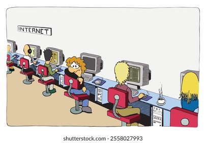 Young people each one sitting in front of a computer in an old vintage internet, ciber coffee with one of them looking back with sadness. Funny cartoon colorful style vector illustration.